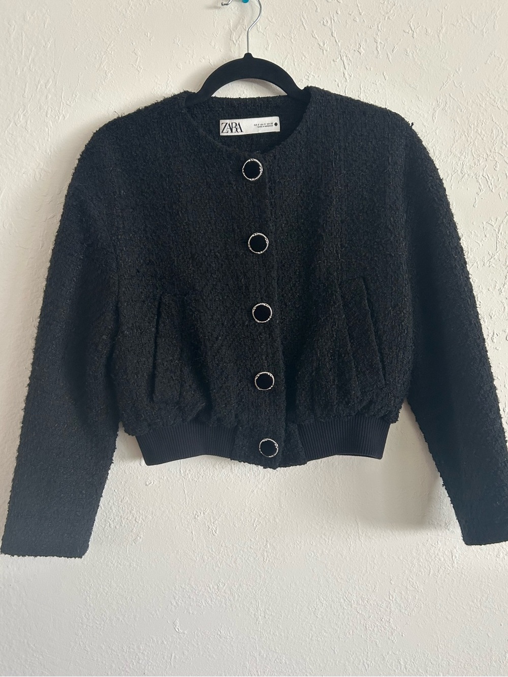 Whimsigoth Coquette Tweed Bomber Jacket Zara Black Textured Jewel Button Crop S